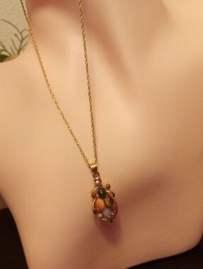 Gold-Tone Multi Stone Pendant Necklace in Green and Peach